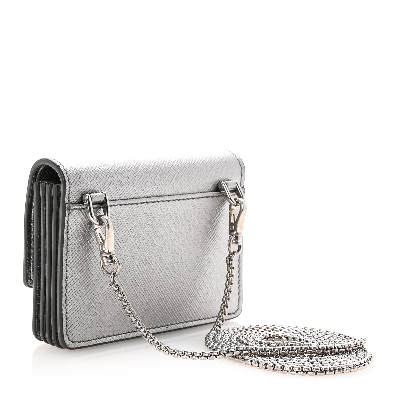 Prada Metallic Saffiano Triangle Accordion Card Case with Chain Cromo 3 of 10