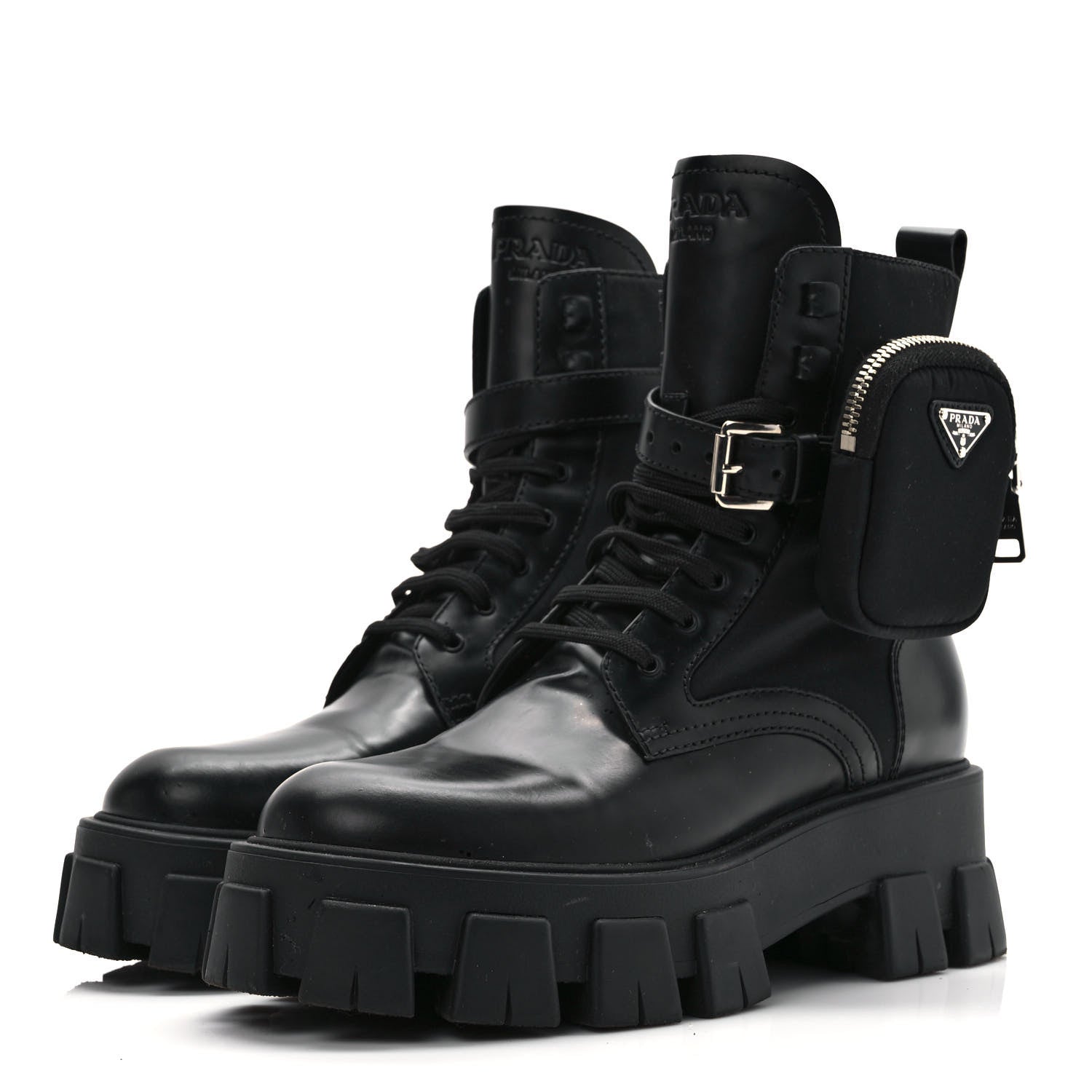 Prada Spazzolato Rois Nylon Metal Triangle Logo Monolith Pouch Pocket 55mm Boots 39.5 Black 3 of 8