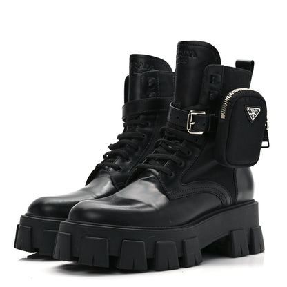 Prada Spazzolato Rois Nylon Metal Triangle Logo Monolith Pouch Pocket 55mm Boots 39.5 Black 3 of 8