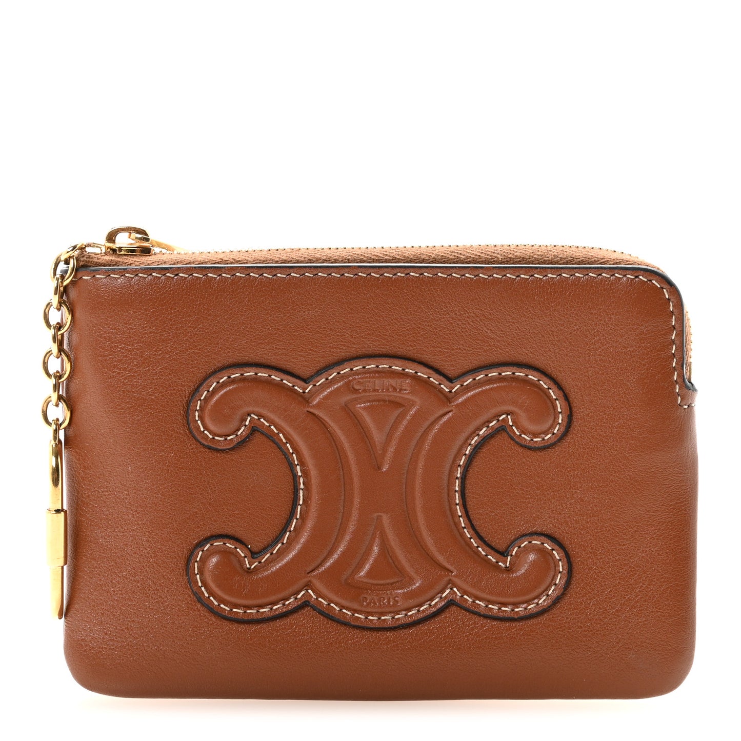 Smooth Calfskin Cuir Triomphe Coin and Card Pouch With Hook Tan