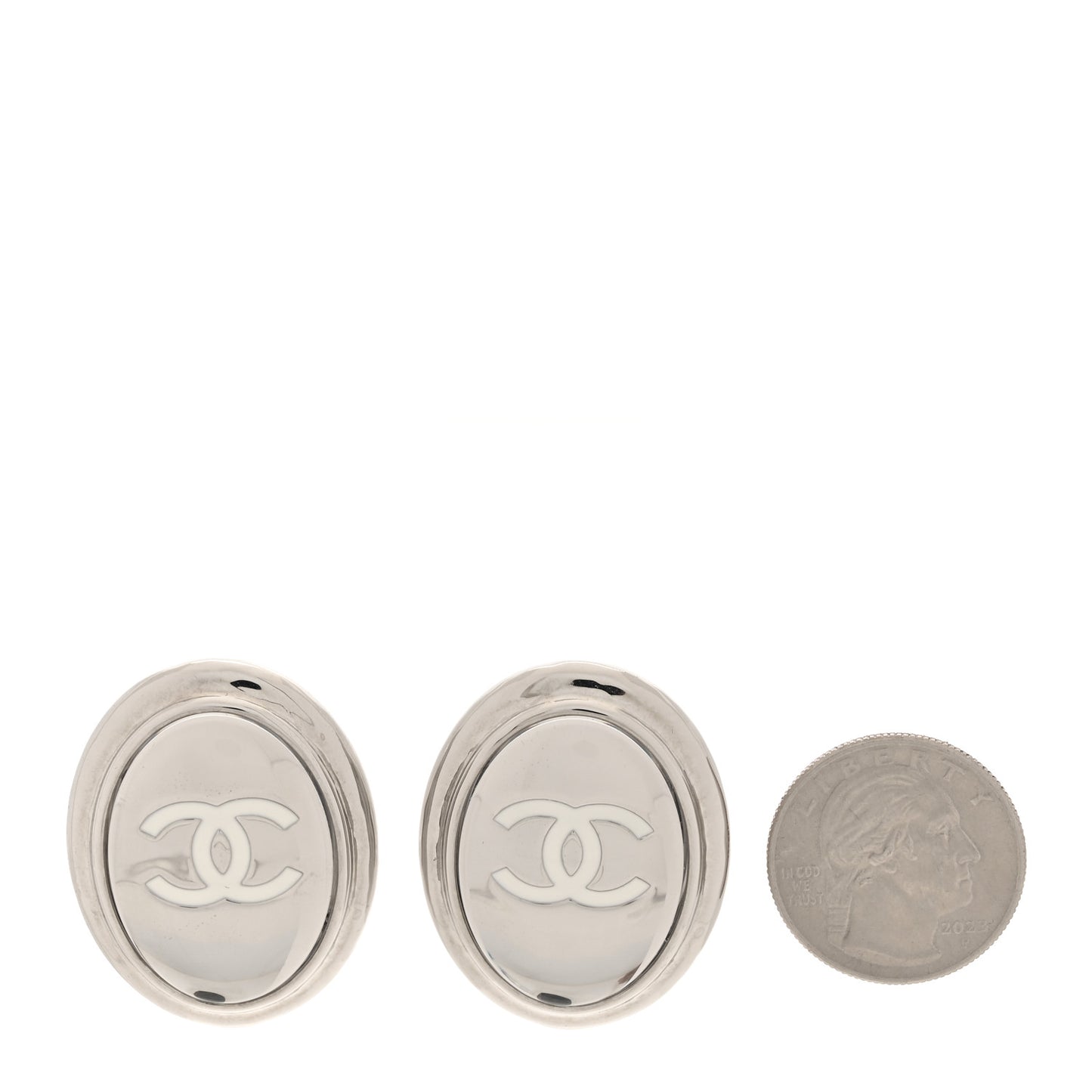 Metal Enamel CC Clip On Earrings Silver White