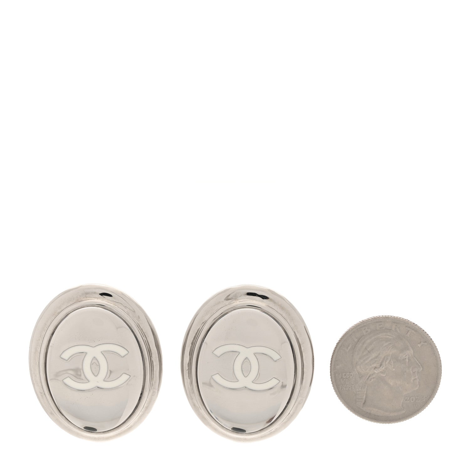Chanel Metal Enamel CC Clip On Earrings Silver White 2 of 5