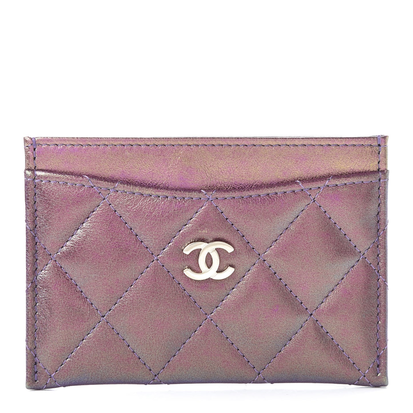Iridescent Lambskin Quilted Card Holder Purple