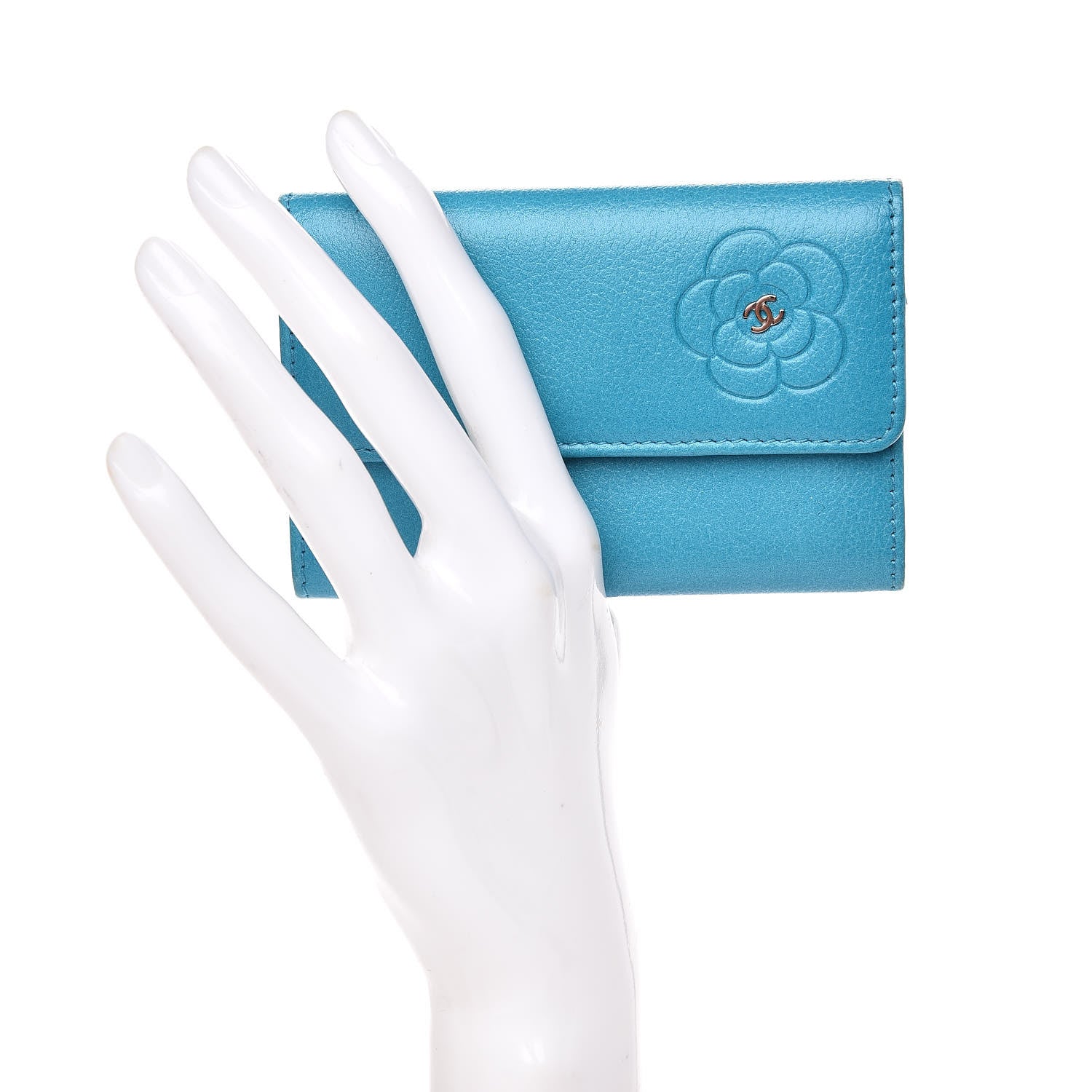 Chanel Goatskin Camellia Embossed Card Holder Turquoise 2 of 11