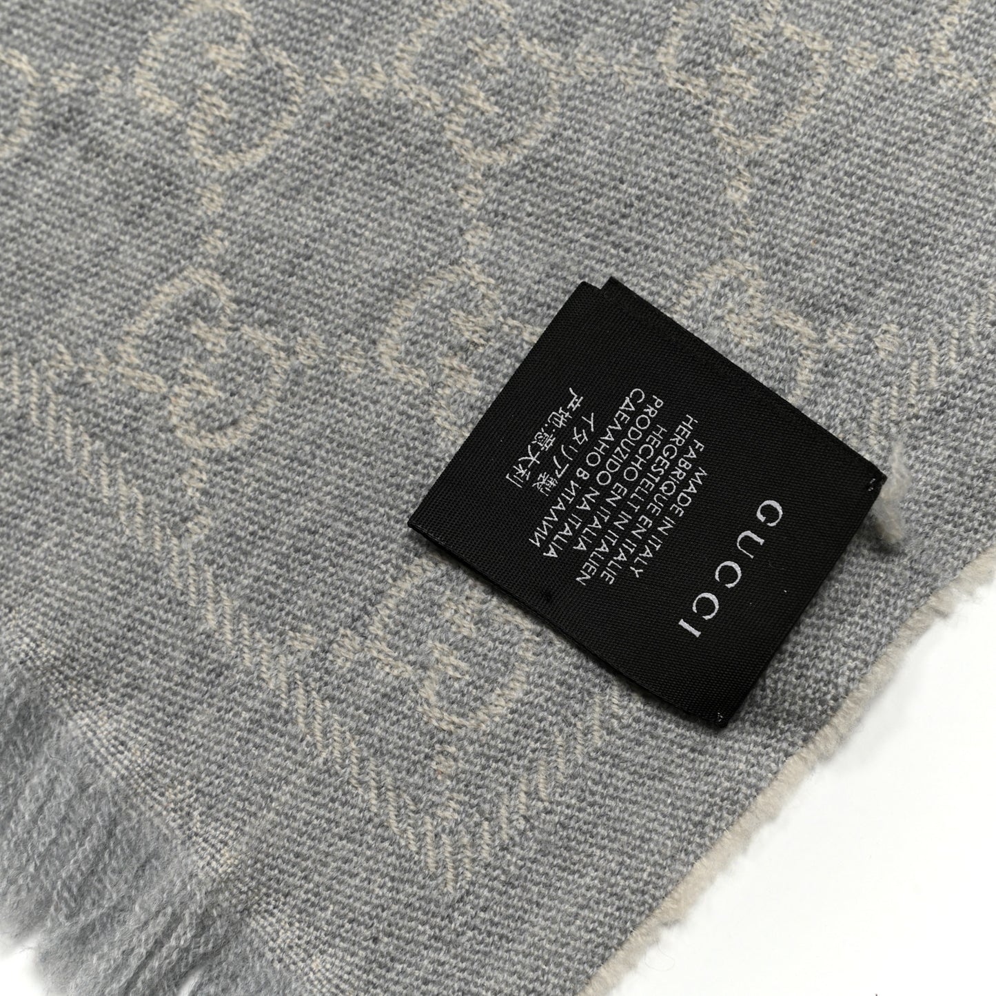 Wool Jacquard GG Monogram Sten Fringe Scarf Zinc Light Grey