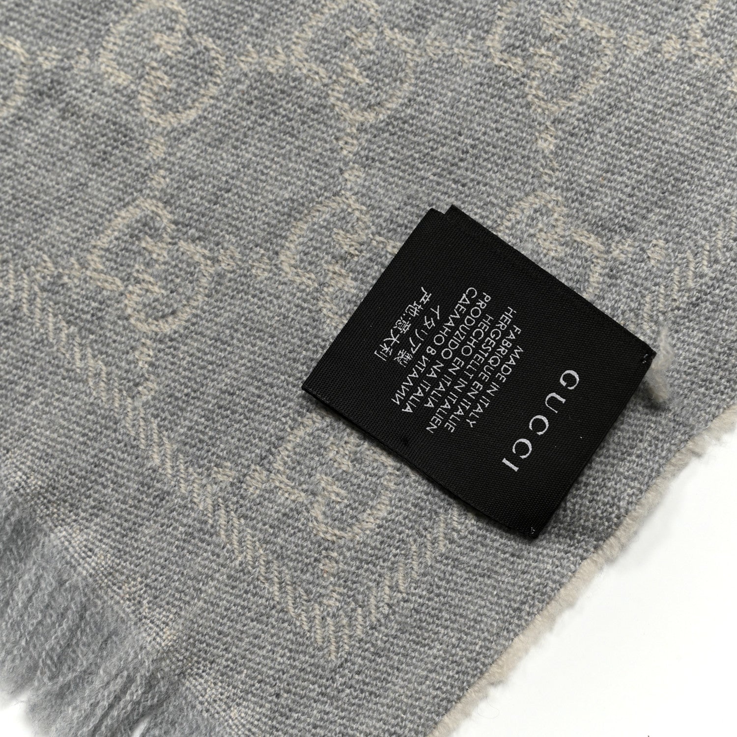 Gucci Wool Jacquard GG Monogram Sten Fringe Scarf Zinc Light Grey 4 of 5