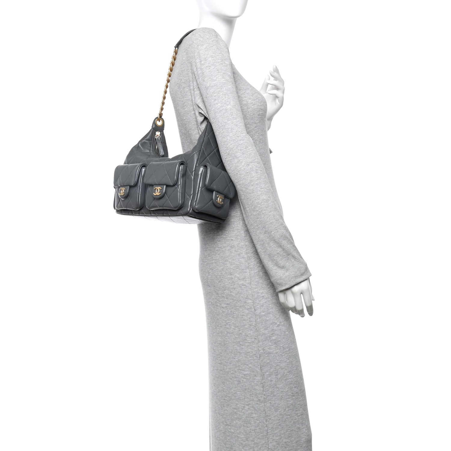 Chanel Shiny Lambskin Quilted Large Trendy Pockets Hobo Grey 2 of 10