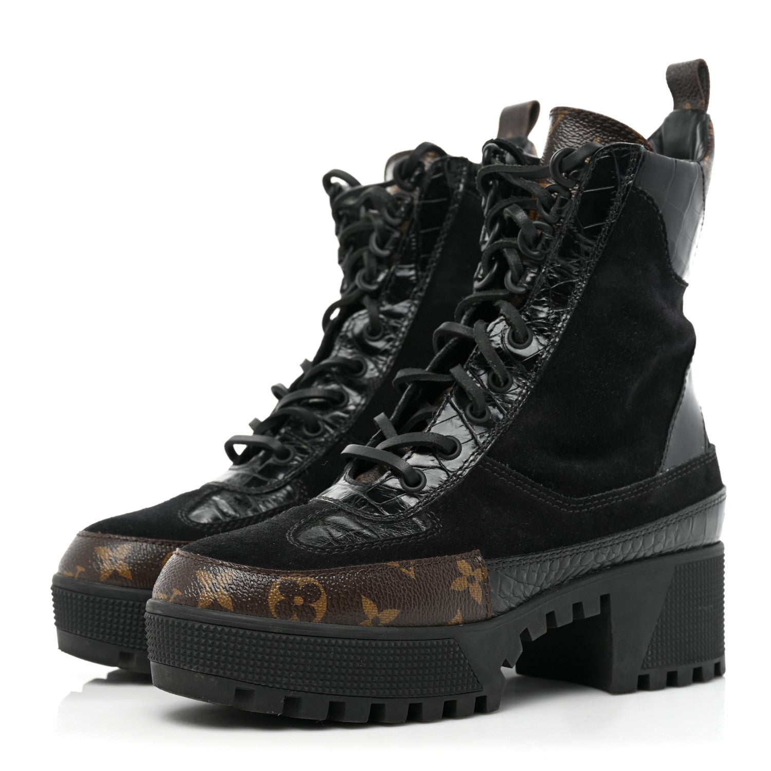 Louis Vuitton Suede Calfskin Crocodile Embossed Patent Monogram Laureate Platform Desert Boots 37 Black 3 of 14