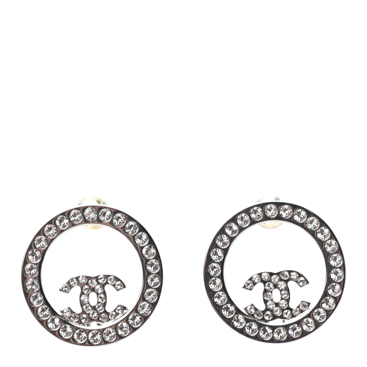 Chanel Crystal CC Round Earrings Silver 1 of 4