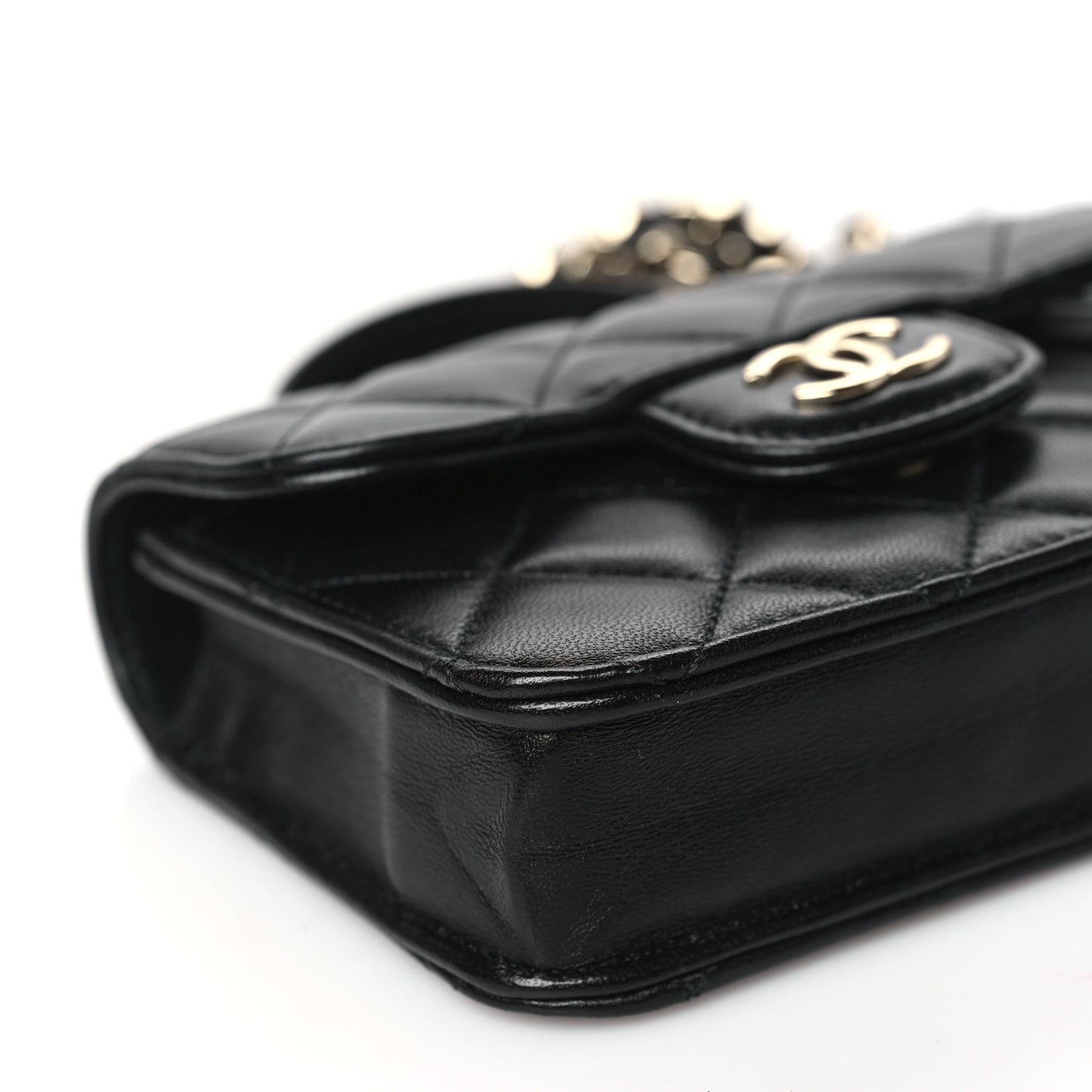 Lambskin Quilted Top Handle Flap Coin Purse With Chain Black