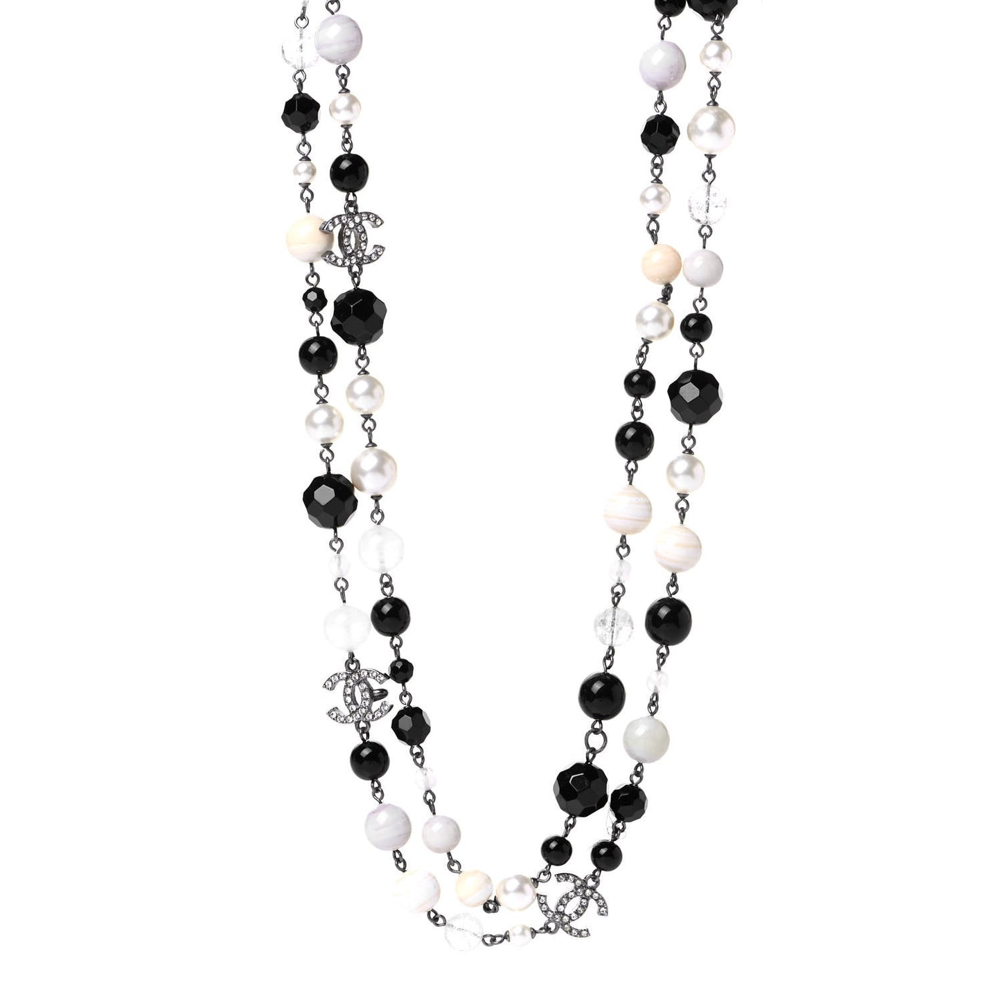 Pearl Beaded Crystal CC Long Necklace Black Silver