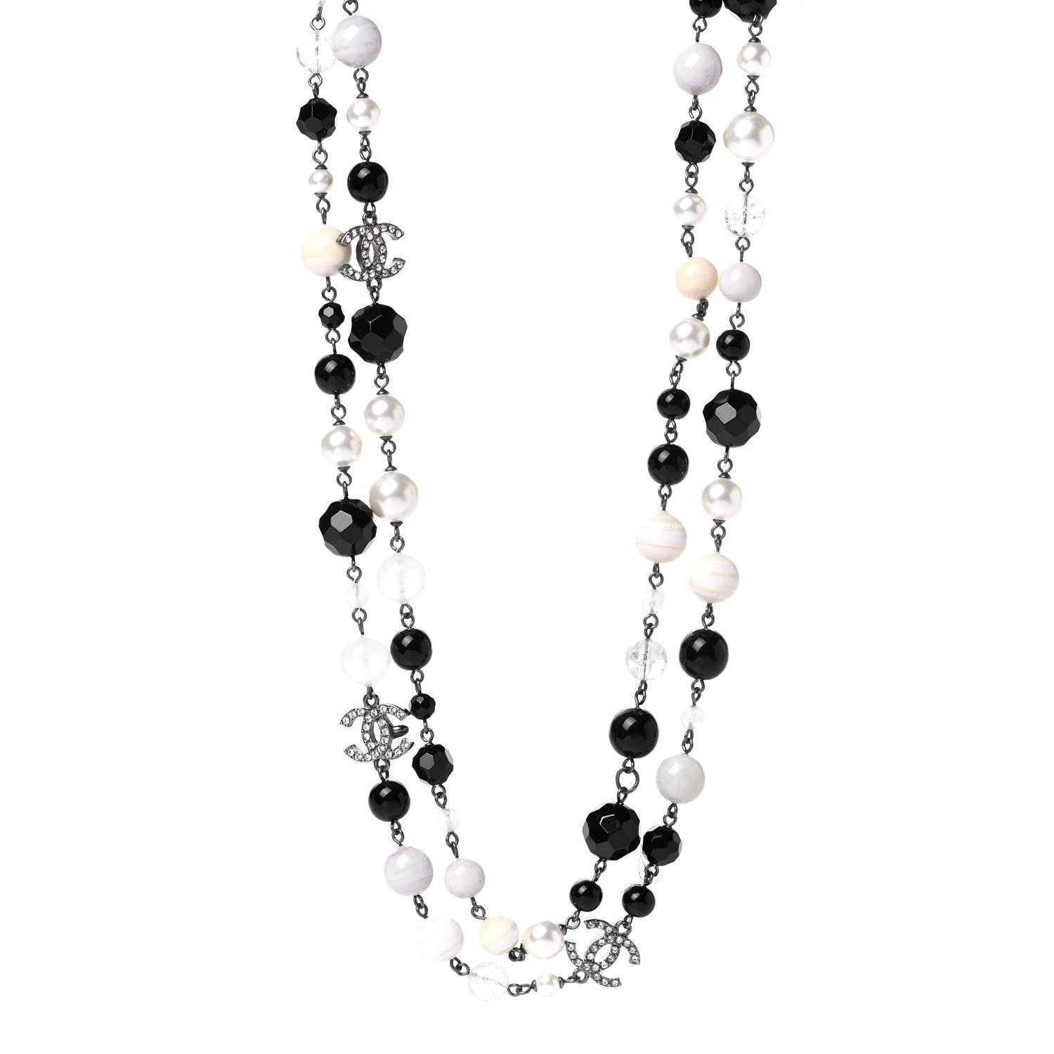Chanel Pearl Beaded Crystal CC Long Necklace Black Silver 1 of 9