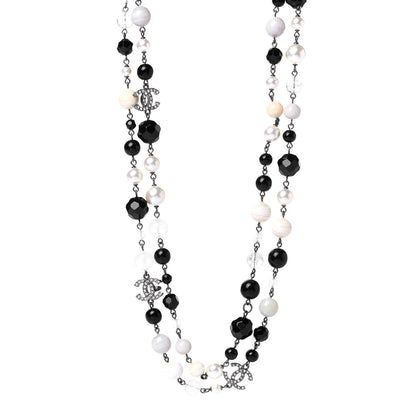 Chanel Pearl Beaded Crystal CC Long Necklace Black Silver 1 of 9