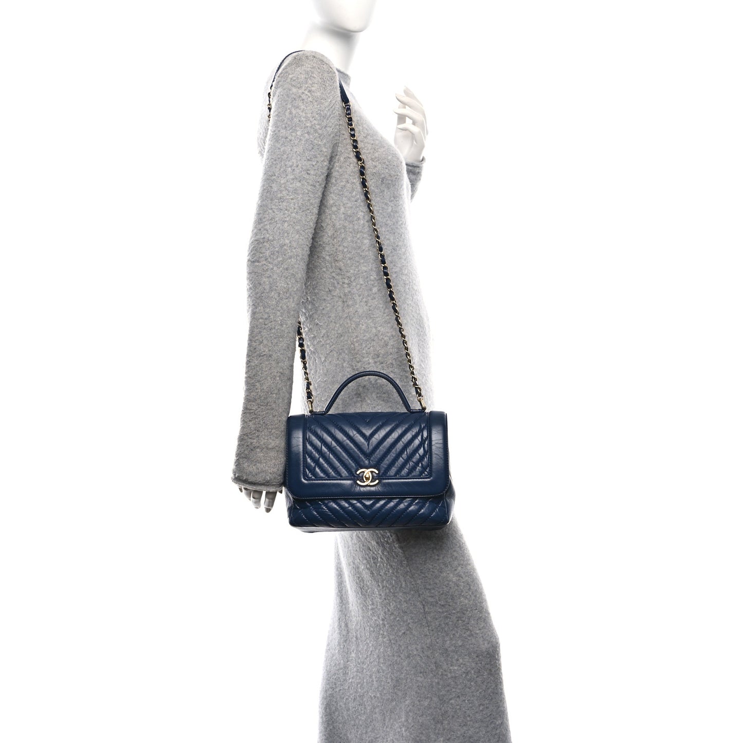 Calfskin Chevron Quilted Top Handle Flap Navy