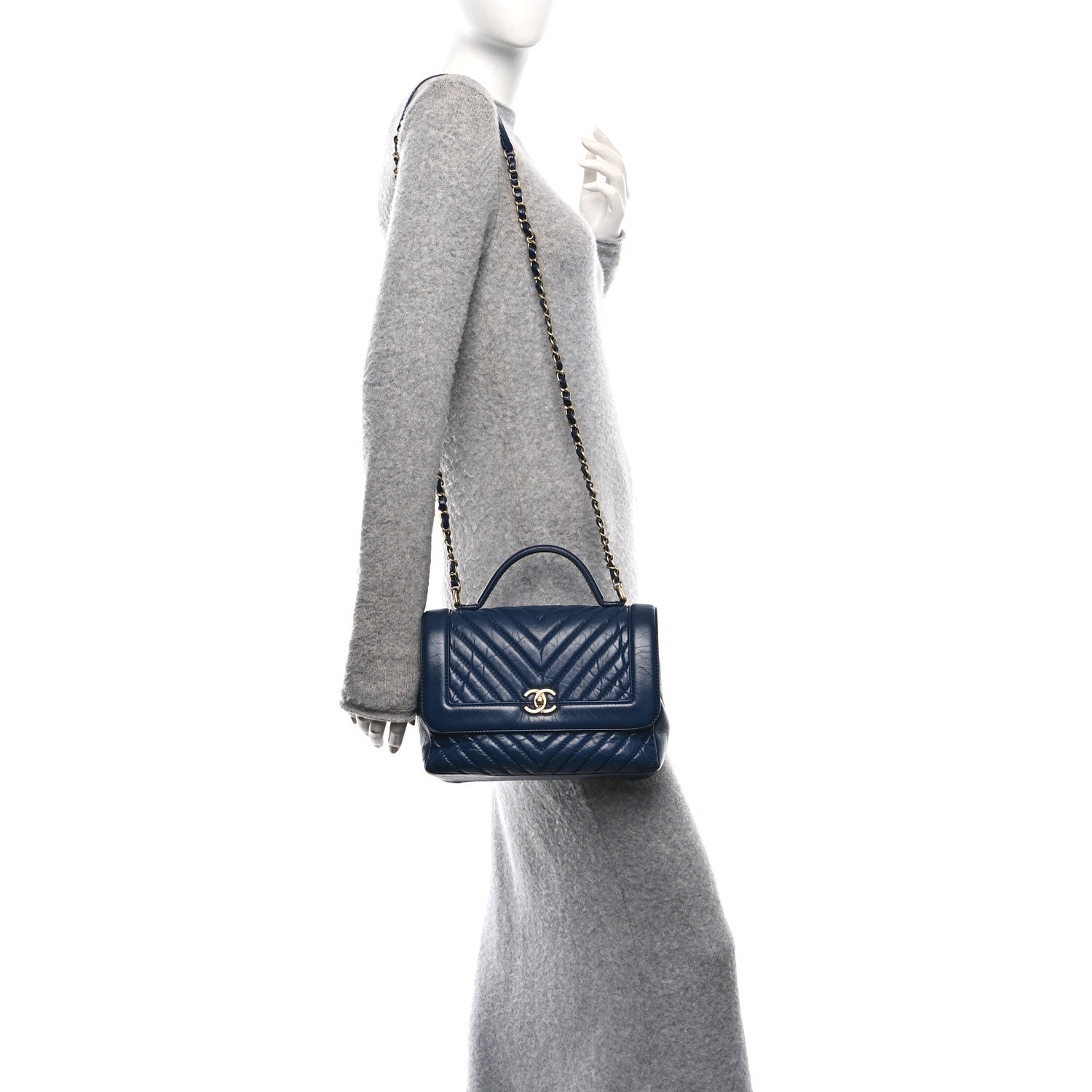Chanel Calfskin Chevron Quilted Top Handle Flap Navy 2 of 10