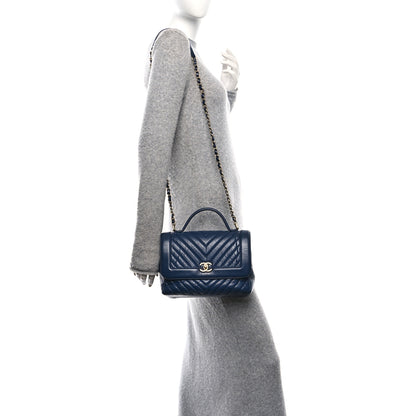 Chanel Calfskin Chevron Quilted Top Handle Flap Navy 2 of 10