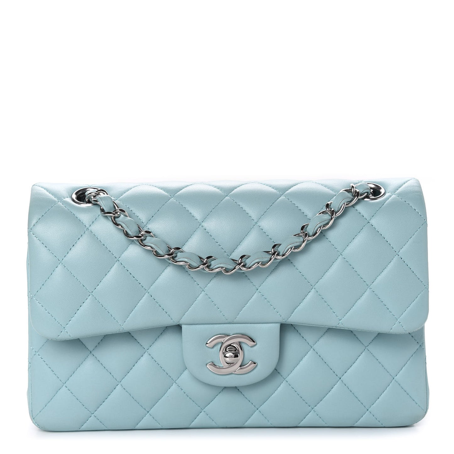 Lambskin Quilted Small Double Flap Light Blue
