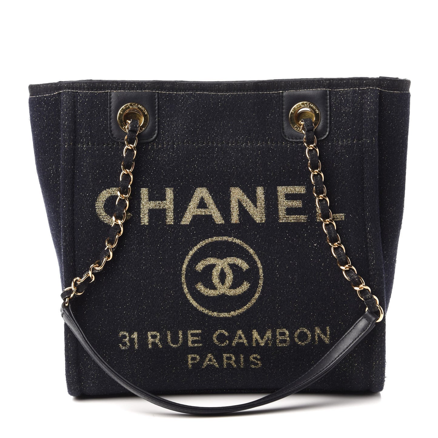 Lurex Canvas Mini Deauville Tote Navy Blue Gold