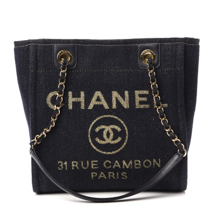 Chanel Lurex Canvas Mini Deauville Tote Navy Blue Gold 1 of 11