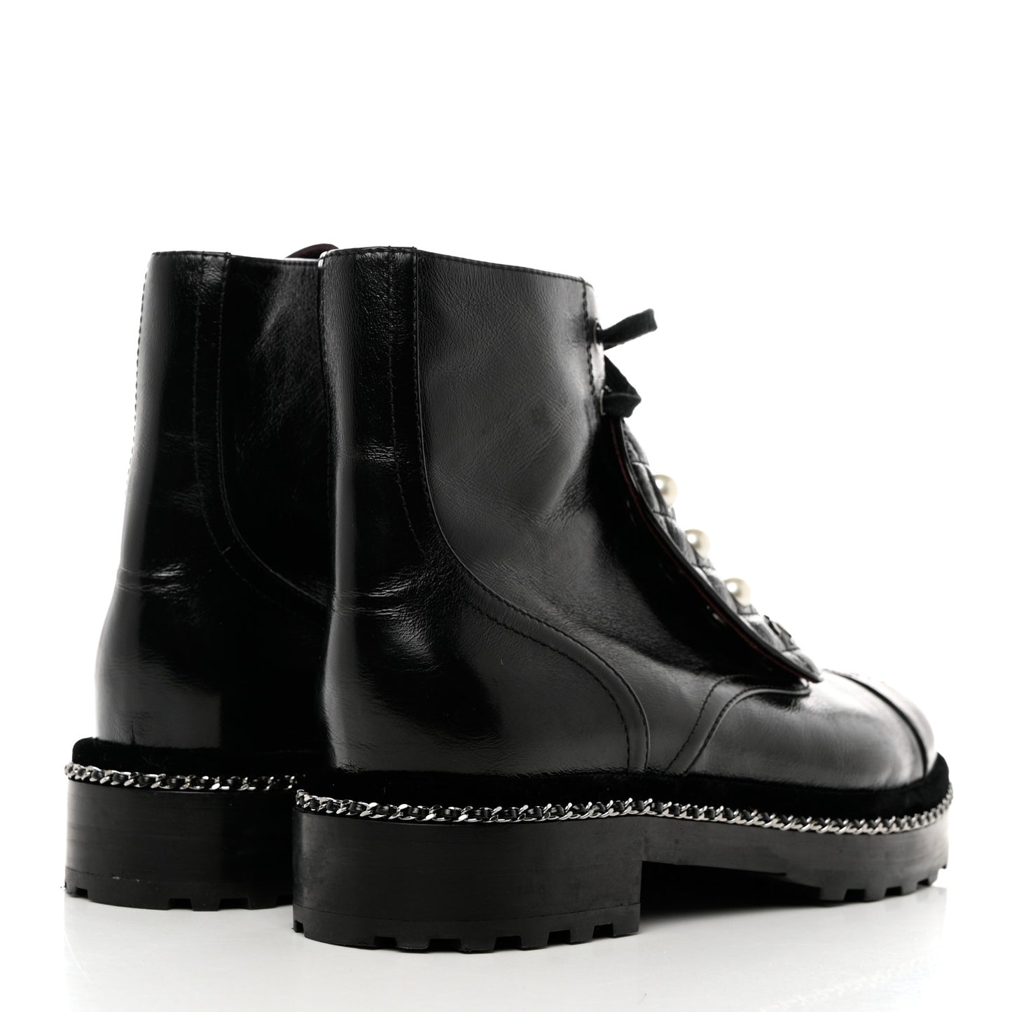 Crackled Calfskin Velvet Pearl Combat Short Boots 41 Black