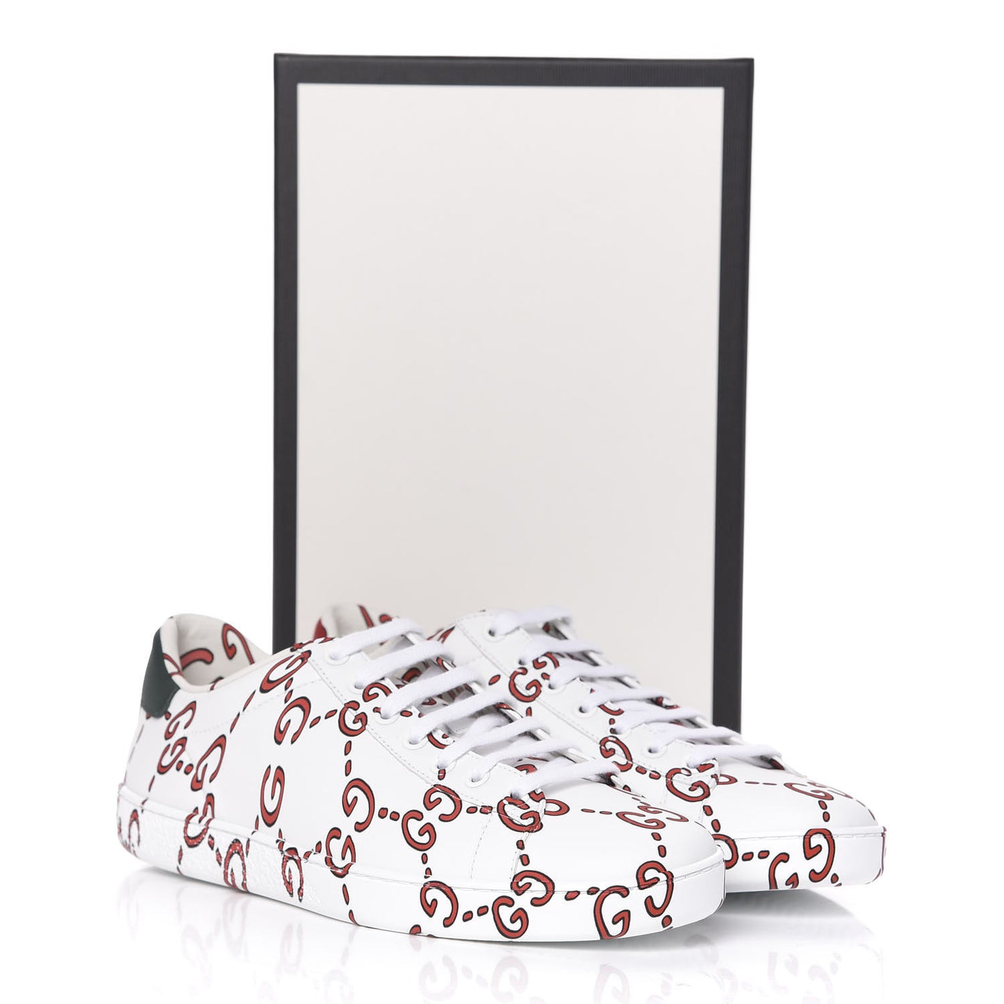 Calfskin GucciGhost Print Womens Ace Sneakers 39.5 White Hibiscus Red