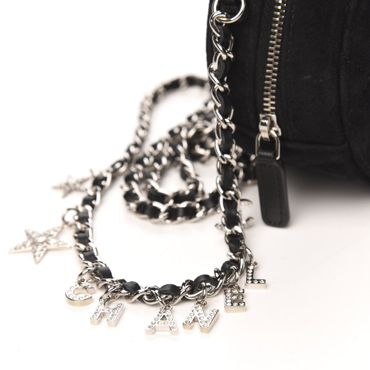 Suede Quilted Crystal Round Clutch With Logo Chain Black