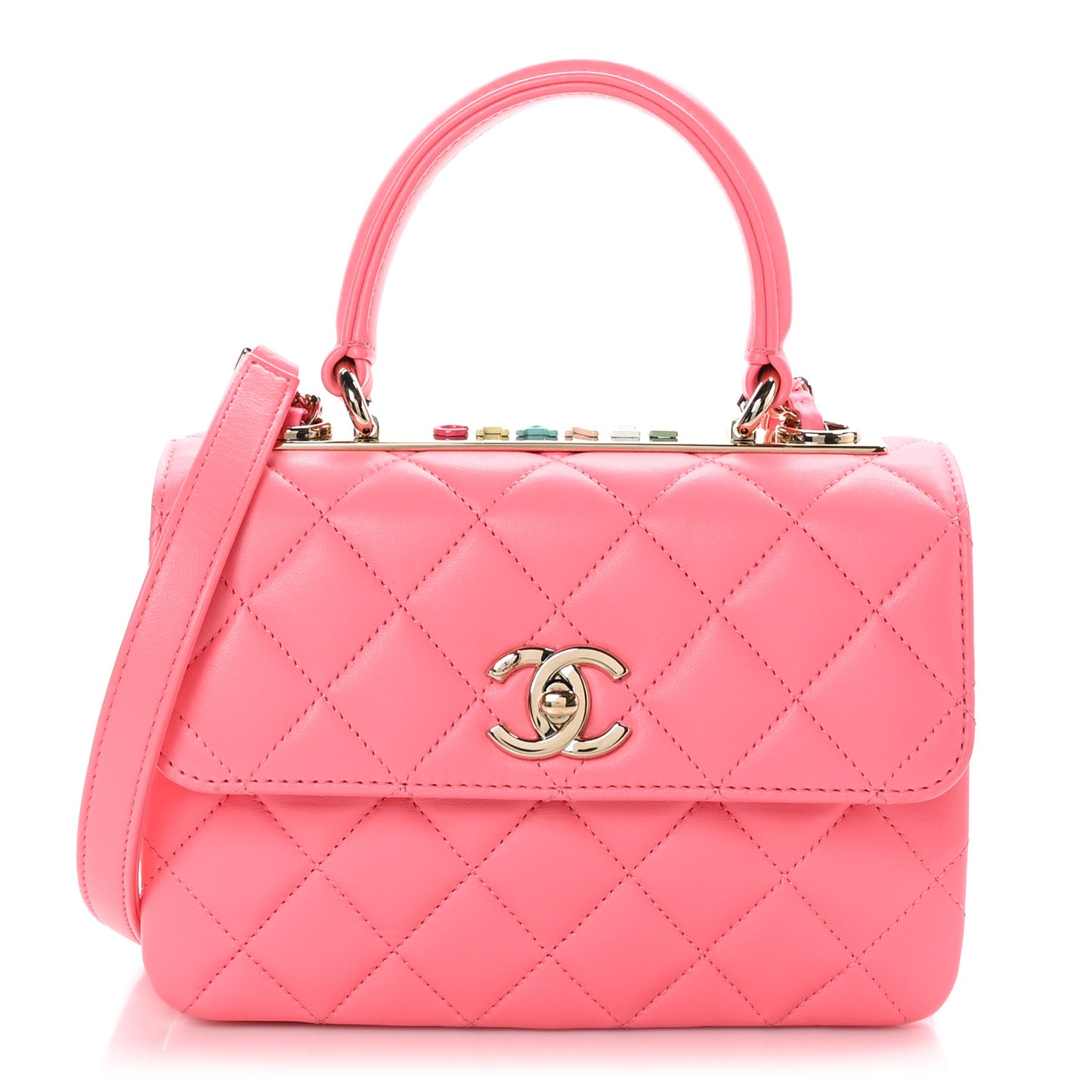 Lambskin Lacquered Quilted Mini Trendy CC Dual Handle Flap Bag Coral Pink