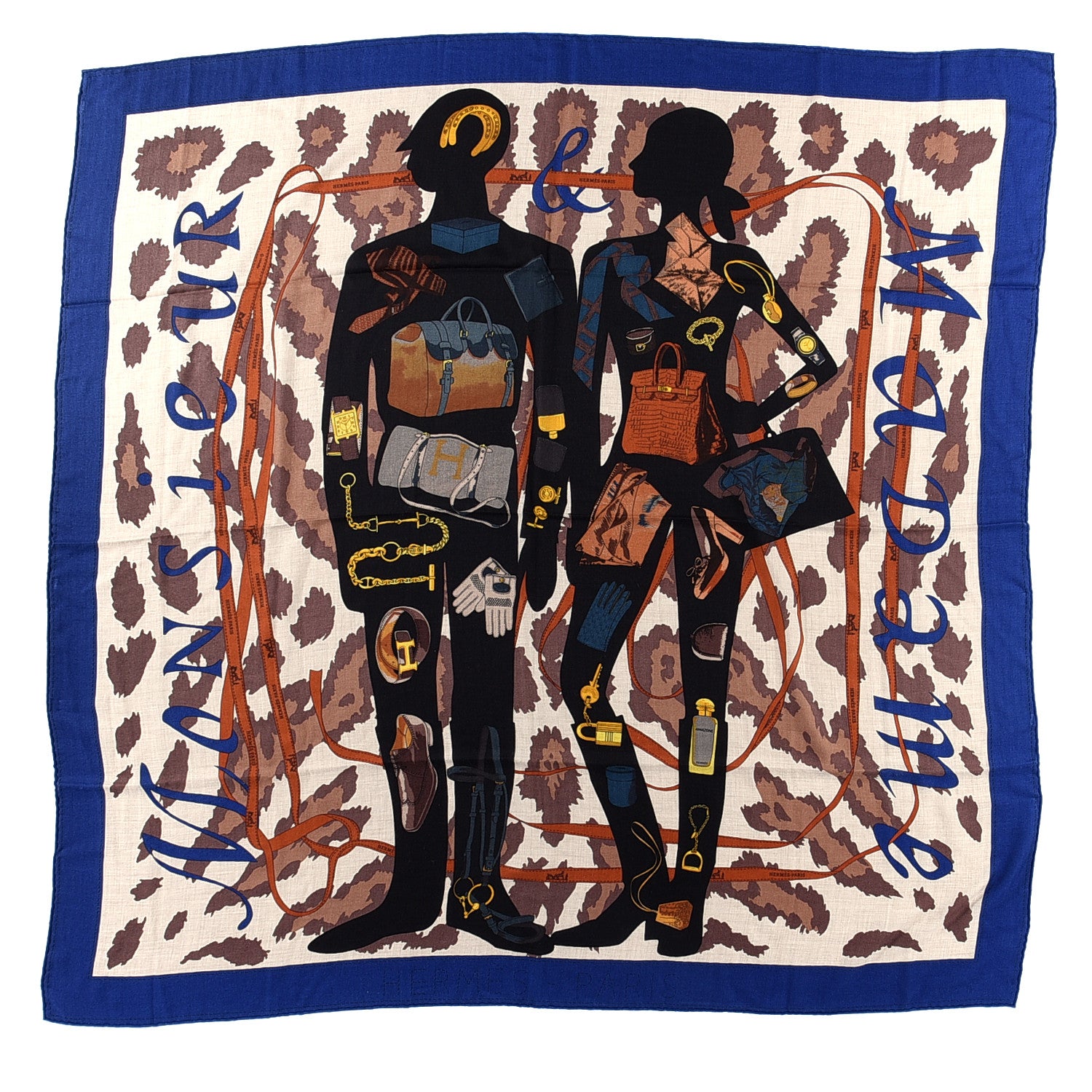 Hermes Cashmere Silk Monsieur et Madame Shawl 140 Bleu Royal Black Naturel 1 of 3