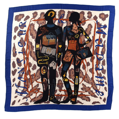 Hermes Cashmere Silk Monsieur et Madame Shawl 140 Bleu Royal Black Naturel 1 of 3