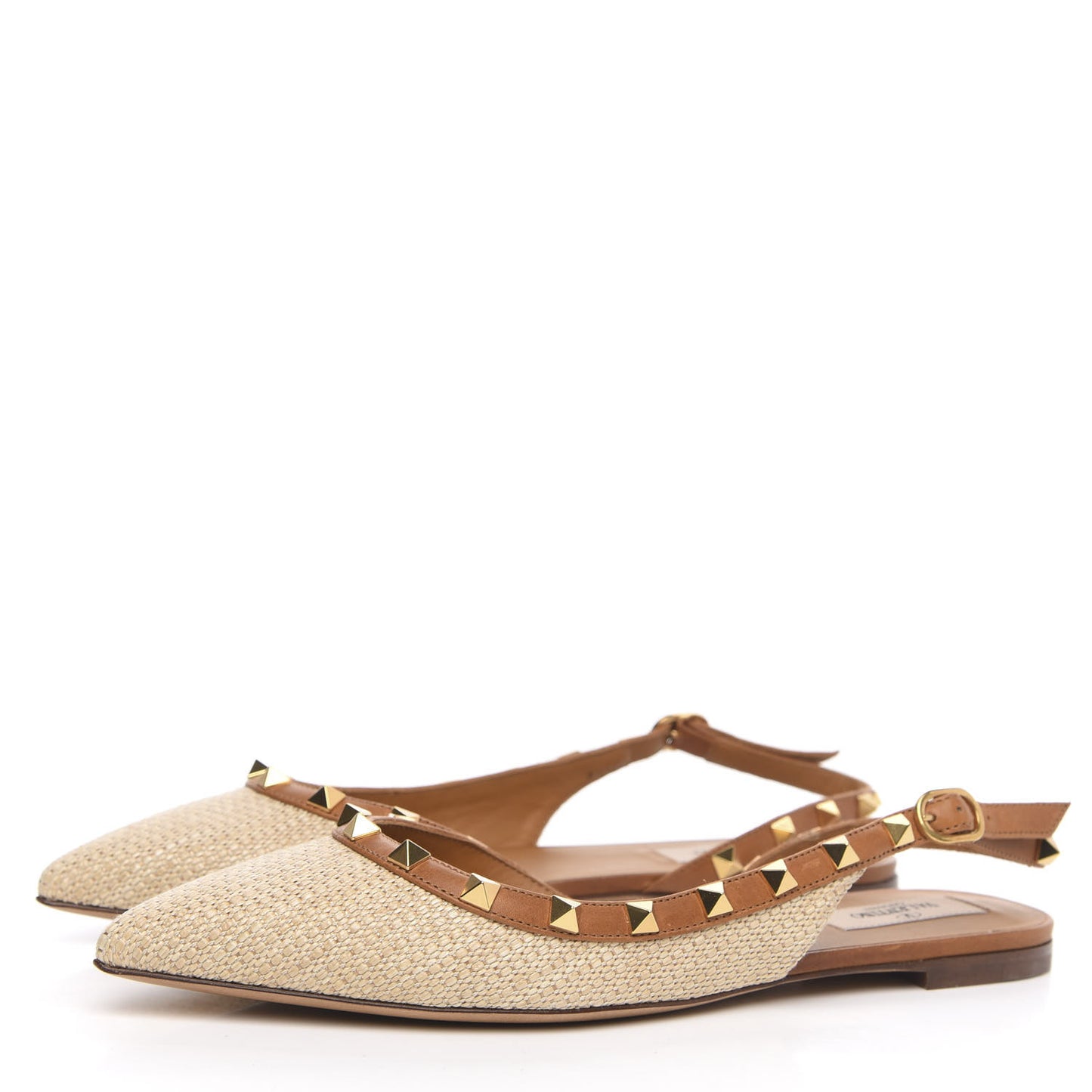 Raffia Calfskin Rockstud Slingback Flats 38 Naturale