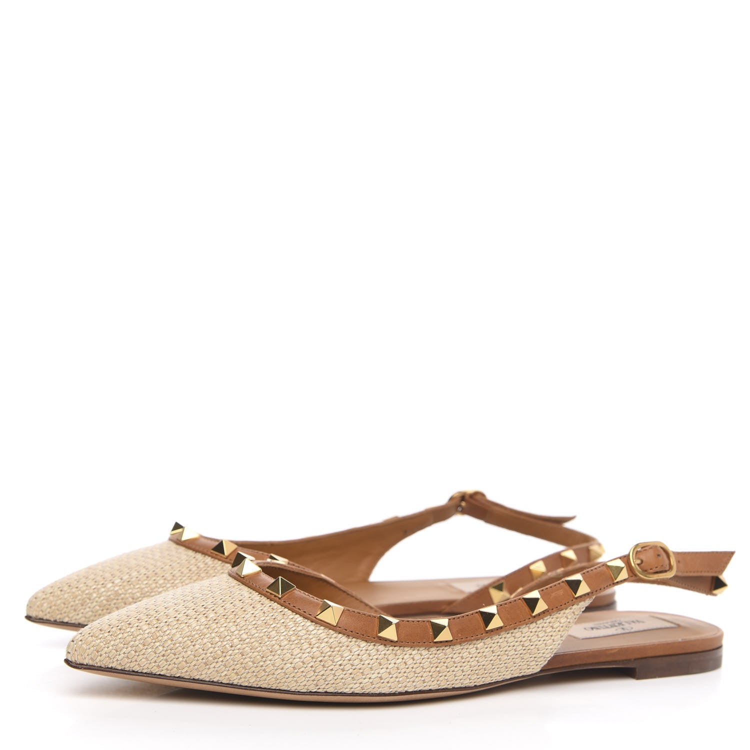Valentino Garavani Raffia Calfskin Rockstud Slingback Flats 38 Naturale 3 of 9