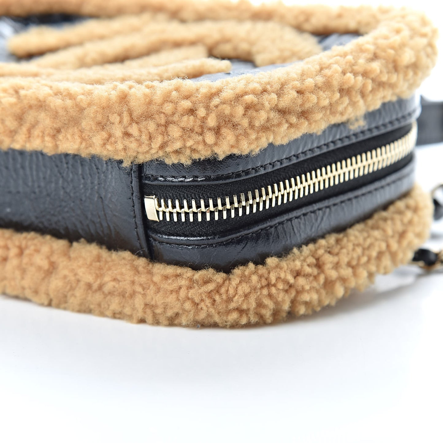 Shiny Crumpled Sheepskin Shearling CC Mania Waist Bag Black Light Brown