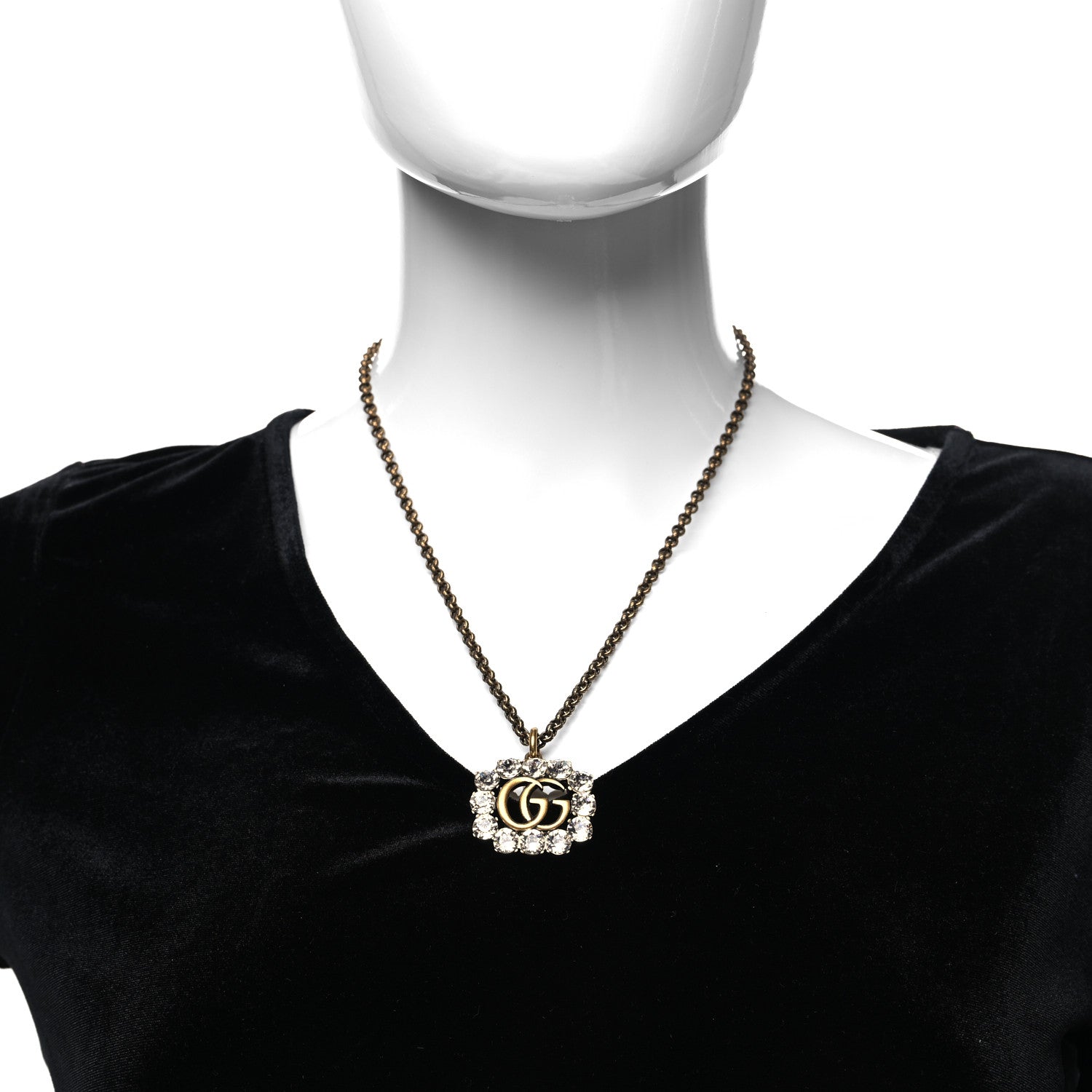 Gucci Crystal Embellished Double G Necklace Aged Gold 2 of 5