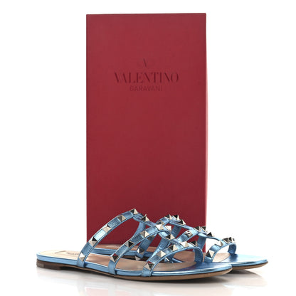 Valentino Garavani Metallic Nappa Rockstud Caged Flat Slide Sandals 37 Cerulean 11 of 11