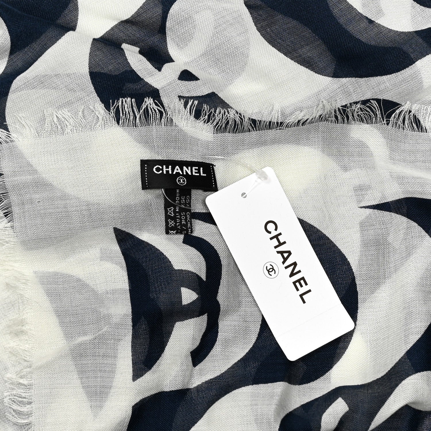 Chanel Cashmere Silk CC Fringe Stole Ecru Navy Blue 2 of 3