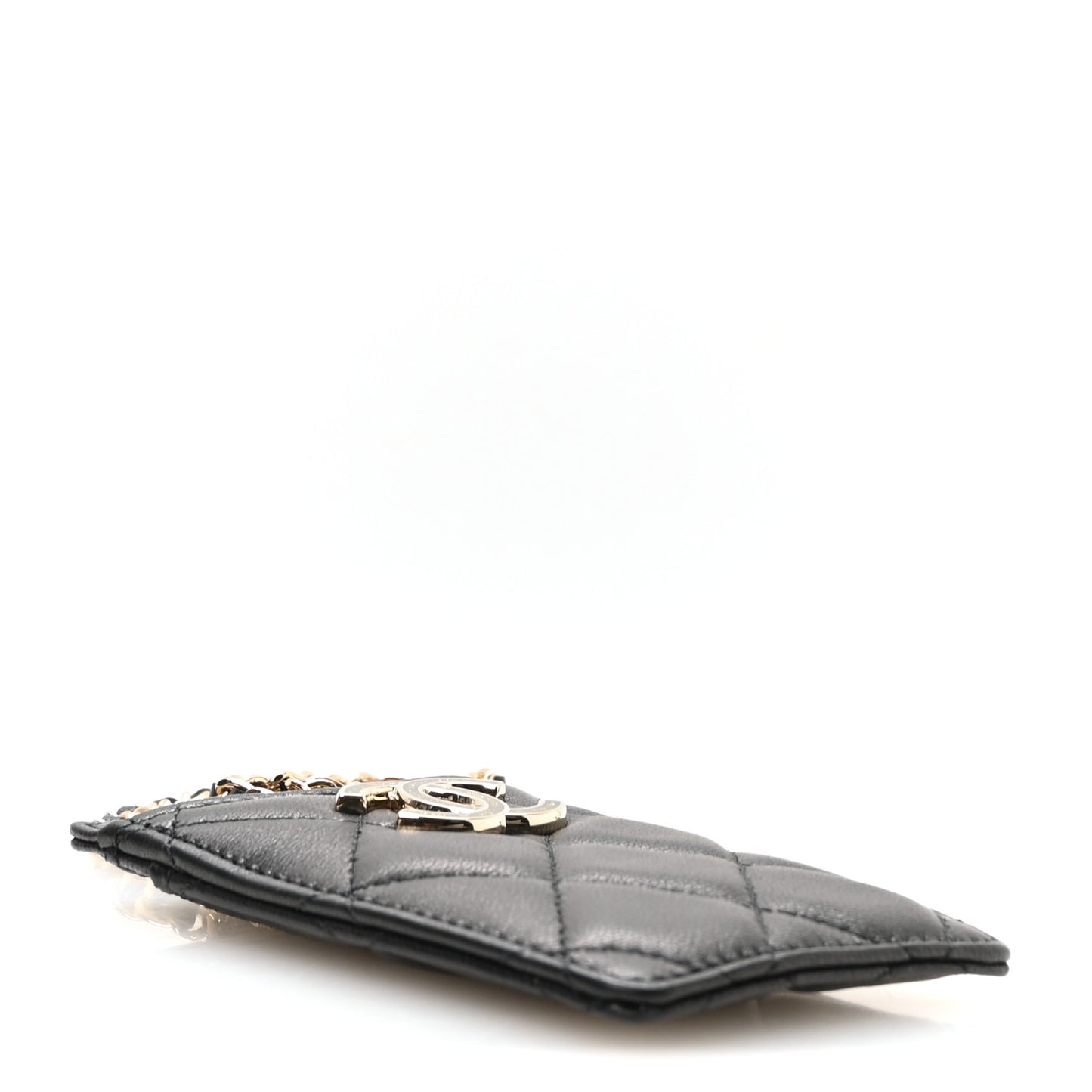 Lambskin Quilted Glitter Card Holder On Chain Black