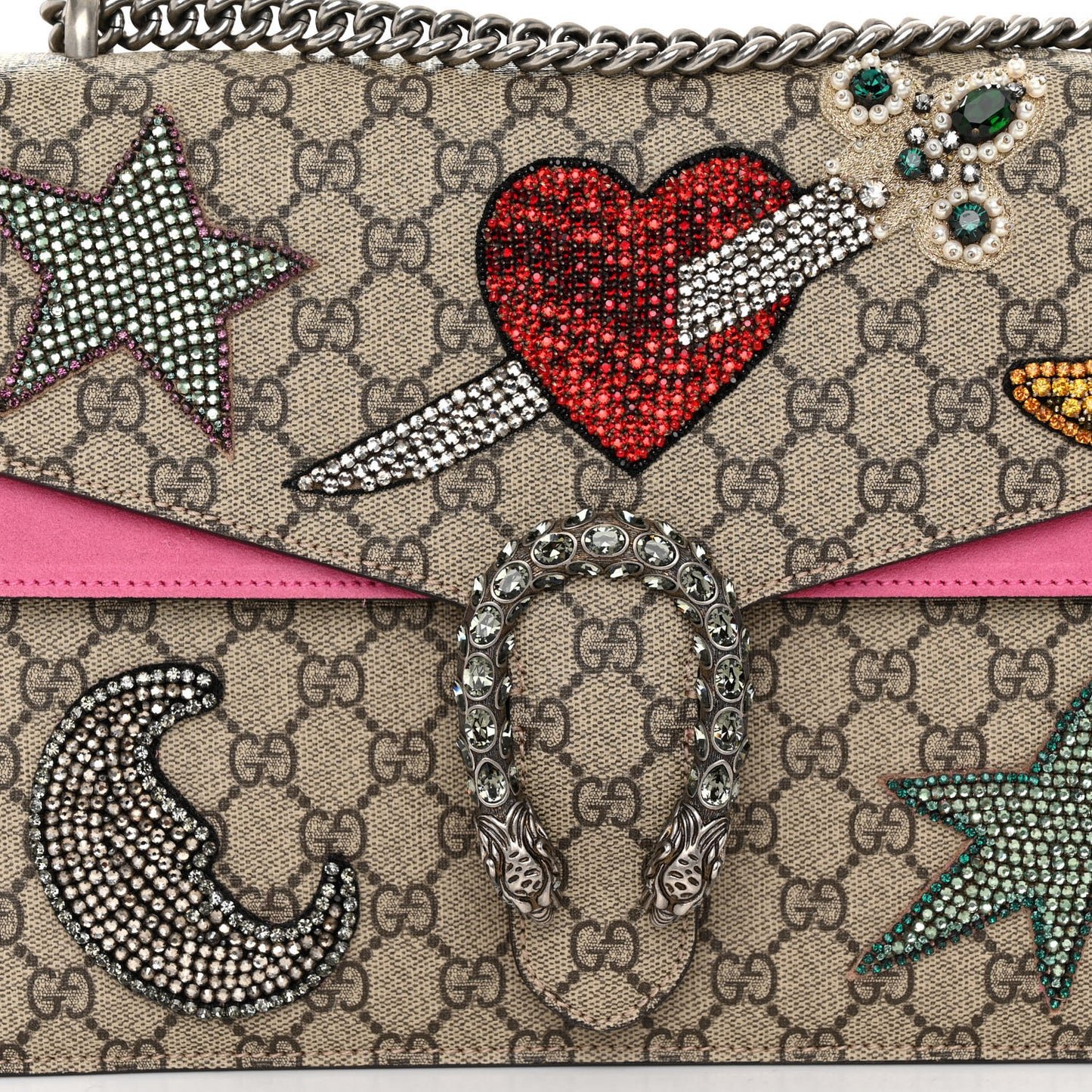 GG Supreme Monogram Suede Pierced Heart Embroidered Medium Dionysus Shoulder Bag Beige Ebony Pink Tropical Flower