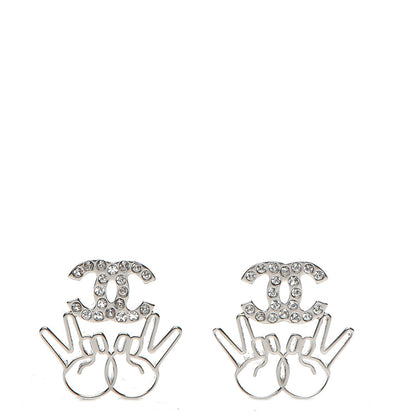 Chanel Crystal CC Peace Sign Emoji Earrings Silver 1 of 5