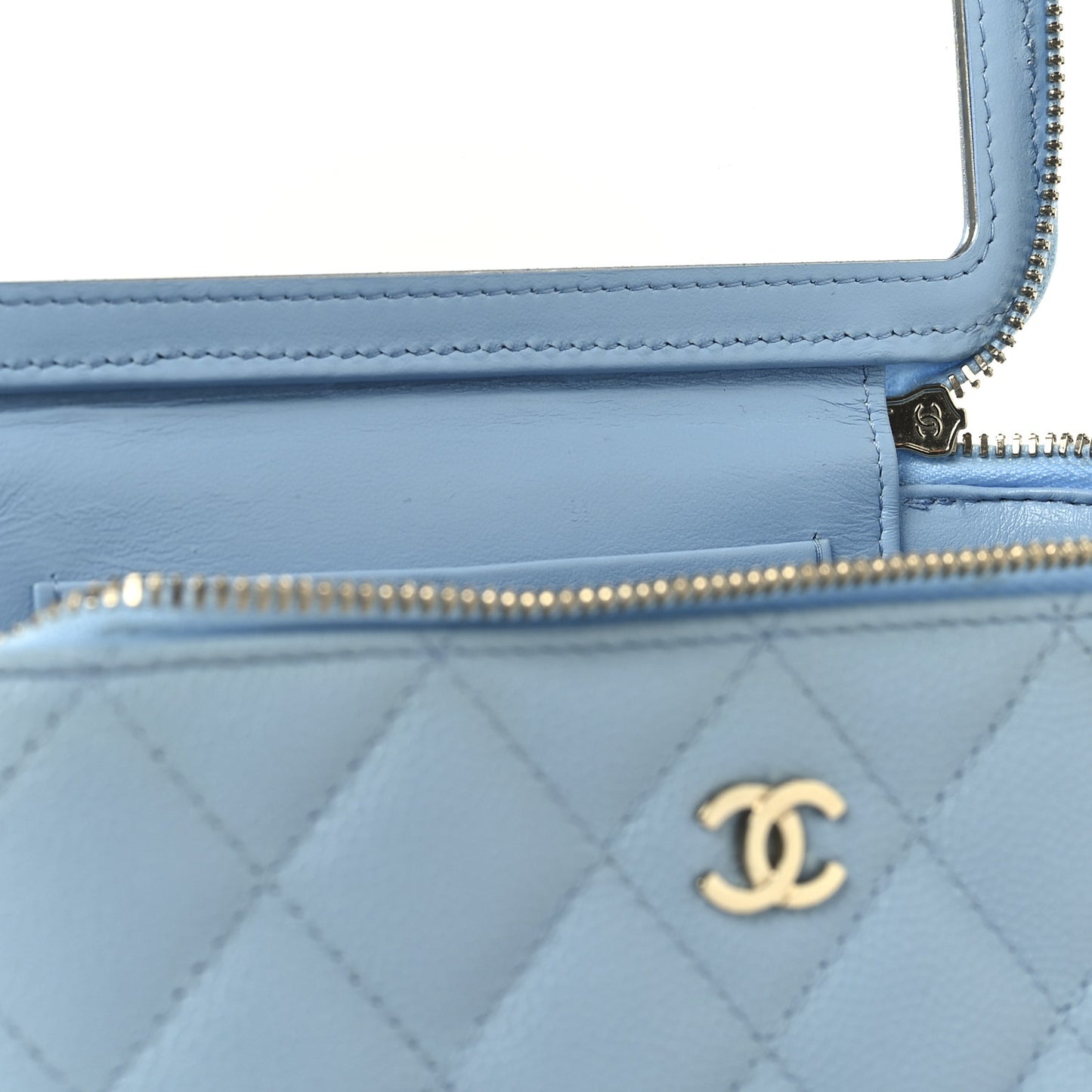 Caviar Quilted Small Tiny CC Vanity Case With Chain Light Blue Light Blue