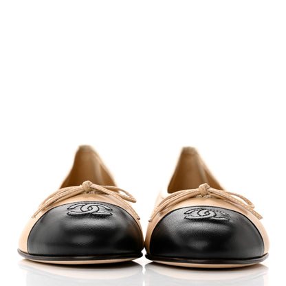 Chanel Lambskin Cap Toe CC Ballerina Flats 38 Beige Black 2 of 11