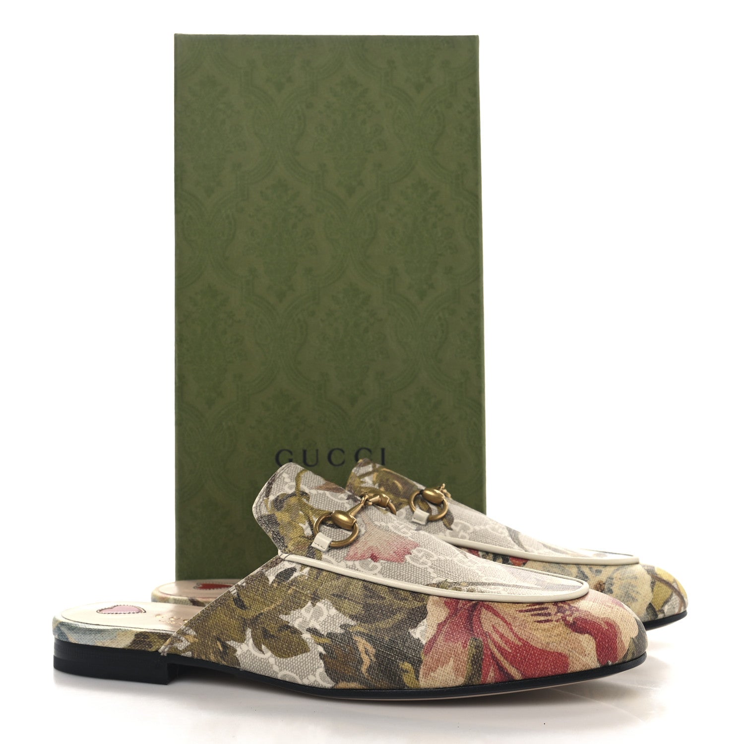 Gucci GG Supreme Monogram Malaga Kid Water Flora Womens Princetown Slippers 39 Beige White Multicolor Mystic White 10 of 10