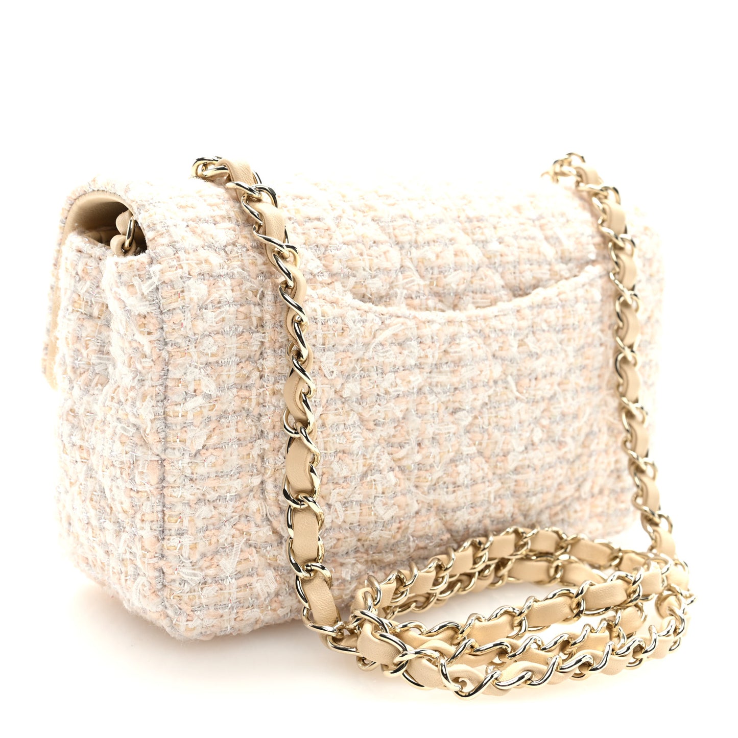Tweed Quilted Mini Rectangular Flap Beige