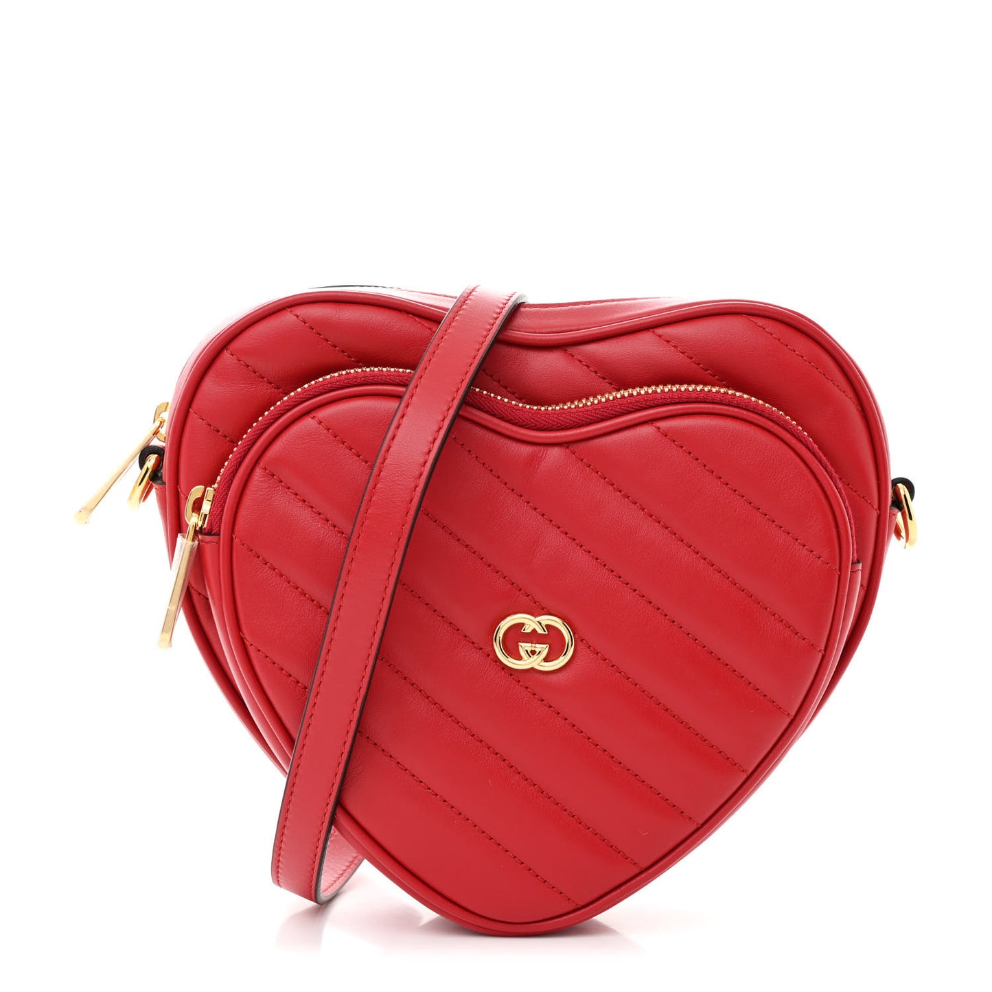 Calfskin Matelasse Diagonal Mini Interlocking G Heart Shoulder Bag Hibiscus Red