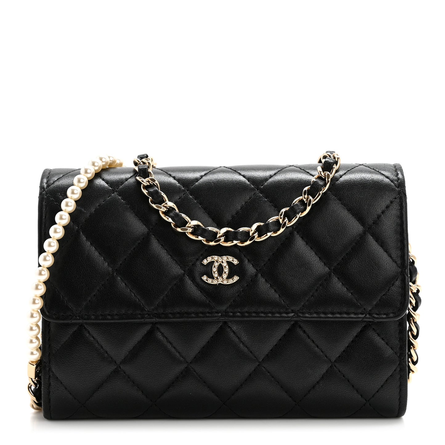 Lambskin Quilted Pearl My Shoulder Mini French Wallet On Chain WOC Black