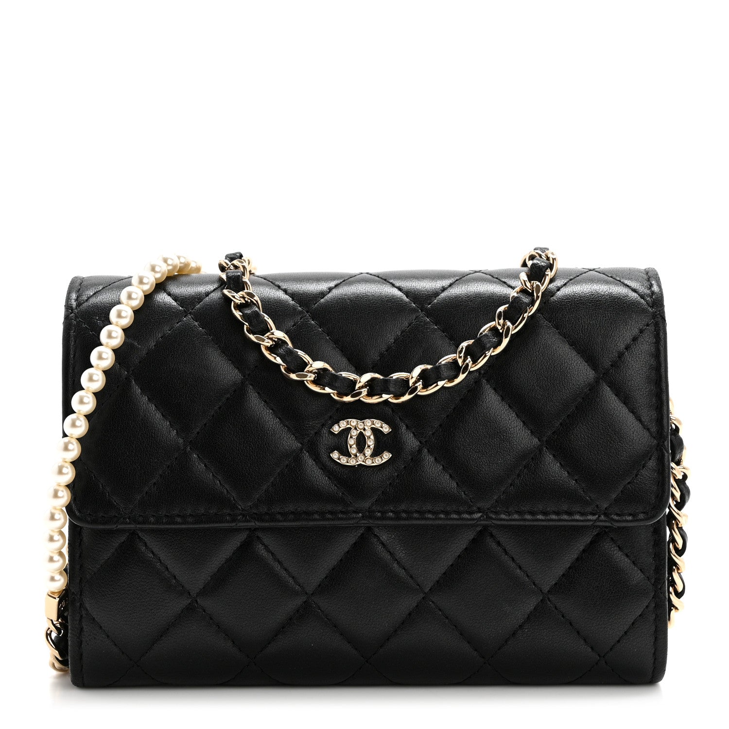 Chanel Lambskin Quilted Pearl My Shoulder Mini French Wallet On Chain WOC Black 1 of 12
