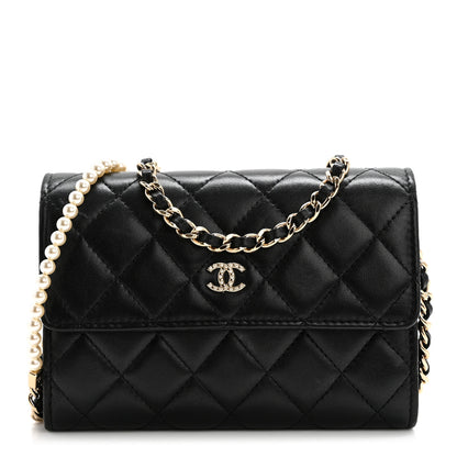 Chanel Lambskin Quilted Pearl My Shoulder Mini French Wallet On Chain WOC Black 1 of 12