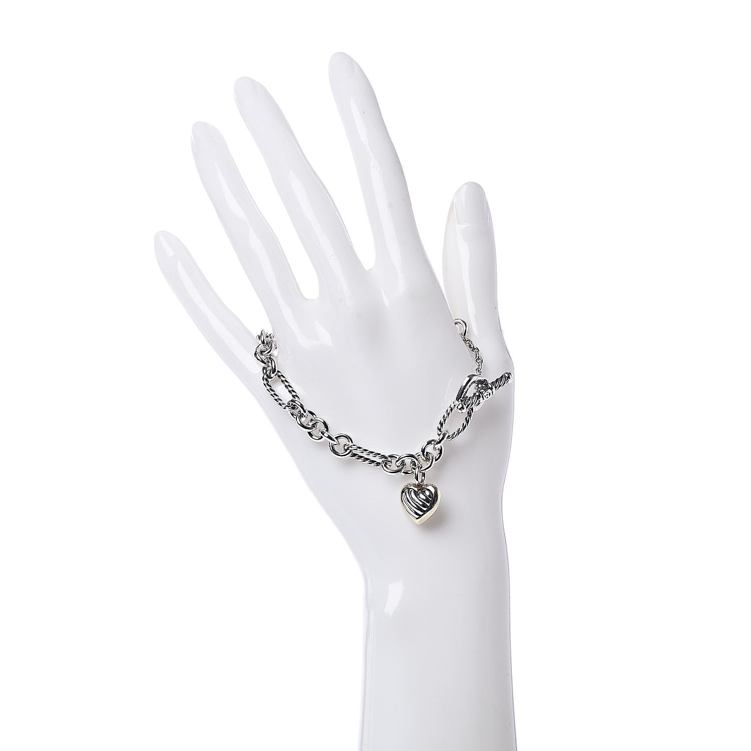 David Yurman Sterling Silver 18K Yellow Gold Cable Heart Charm Bracelet 2 of 4