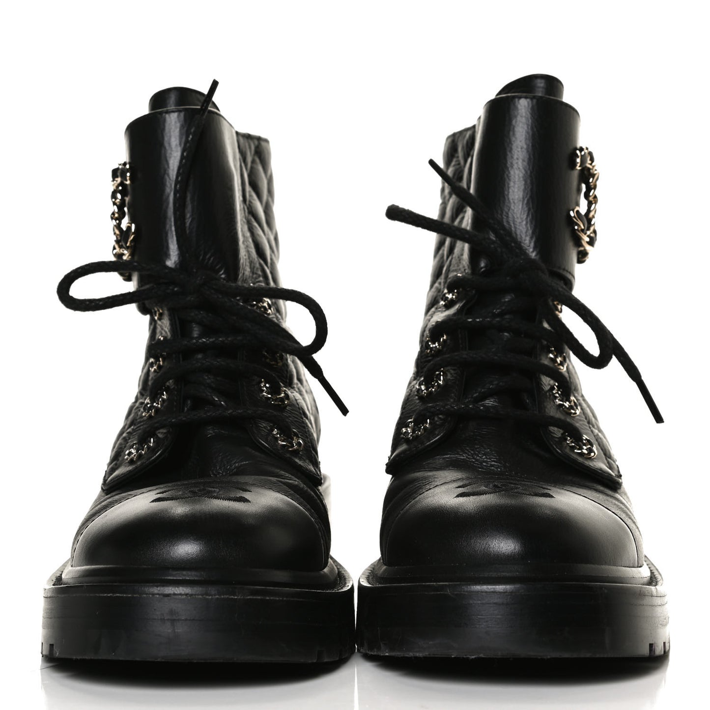 Shiny Goatskin Calfskin Quilted Lace Up Combat Boots 38 Black