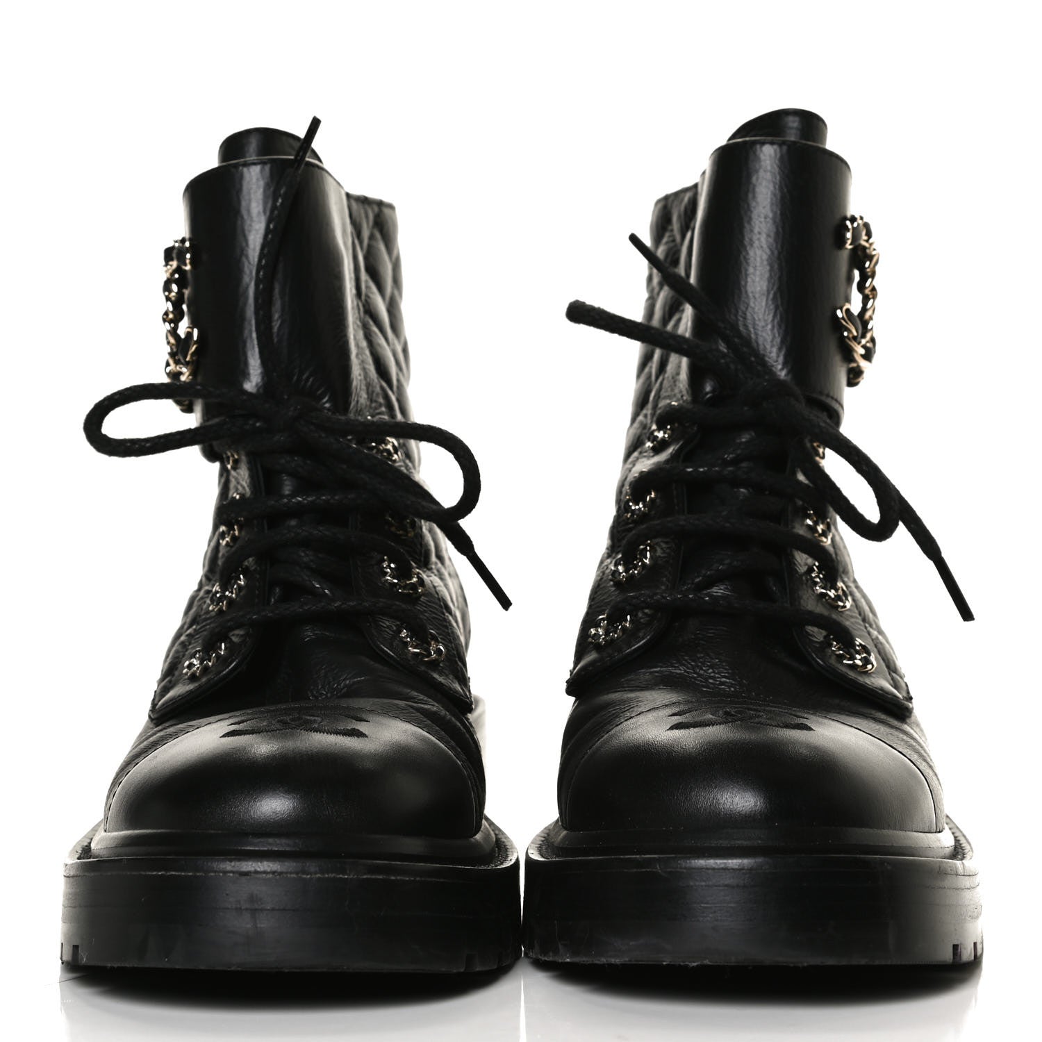 Chanel Shiny Goatskin Calfskin Quilted Lace Up Combat Boots 38 Black 2 of 13