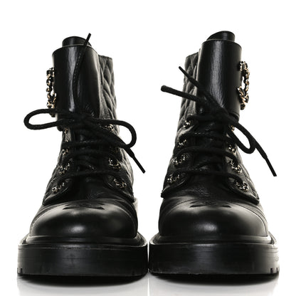 Chanel Shiny Goatskin Calfskin Quilted Lace Up Combat Boots 38 Black 2 of 13